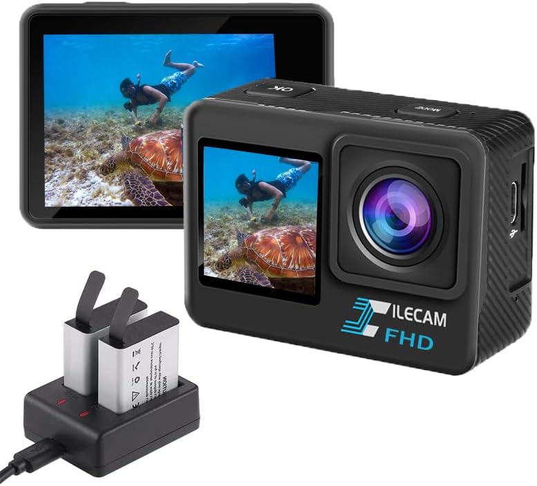 Dual Screen Action Camera 1080P Waterproof Camera 4*Zoom 131FT(40m) Waterproof Underwater Cameras with 2X 1050mAh Batteries and Multifunctional Accessories Sports Cameras